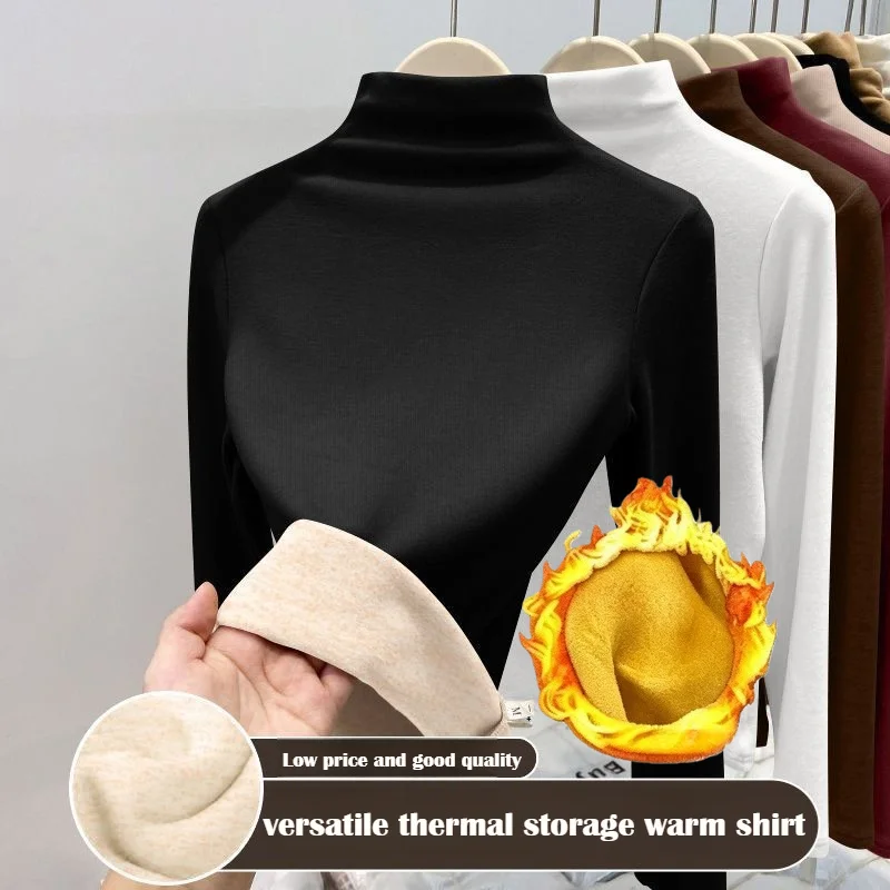 T-shirt thermique à manches longues pour femme, col semi-montant, en polaire épaisse, anti-froid, pour l'automne et l'hiver
