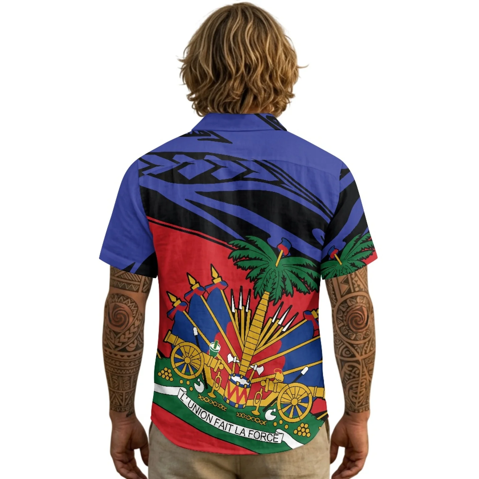 PENSTROLL Single Breasted Linen Style Short Sleeve T-shirt Casual Short Sleeve Shirt for Men for Haiti Coat Of Arms Print