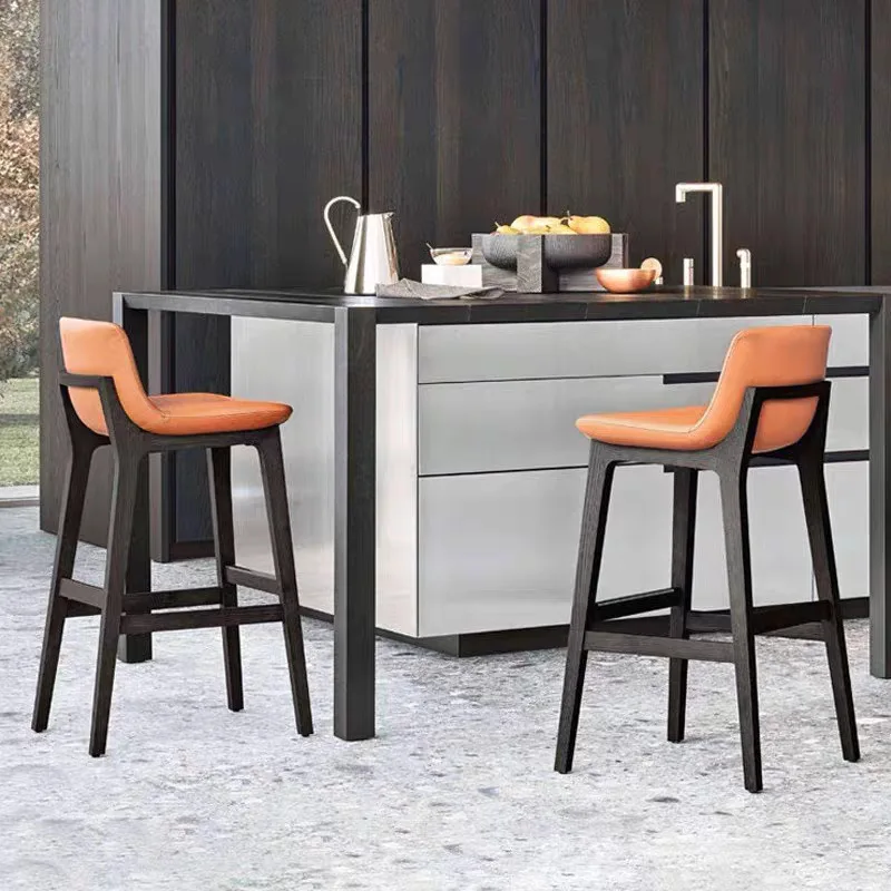 Nordic Bar High Stool Home Backrest  Solid Wood Dining Chair Front Desk Bar Chair