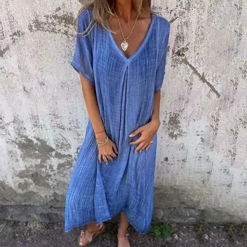 

2025 Women Boho Midi Dress V Neck Short Sleeves Loose Flowy Dress Casual Ladies Evening Party Long Dress Sundress Vestidos