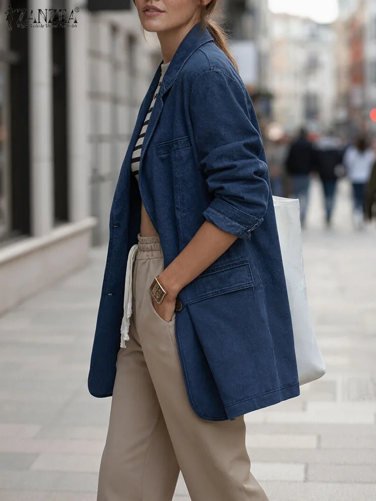 

2025 ZANZEA Women Vintage Denim Coat Elegant Office Blazer Short Sleeve Autumn Outwears Solid Fashion Lapel Streetwear Cardigan