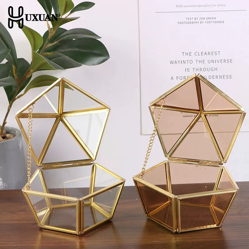 Hexagon Transparent Glass Storage Box Jewelry Ring Earring Beads Coins Display Case Keepsake Organizer Tabletop Container