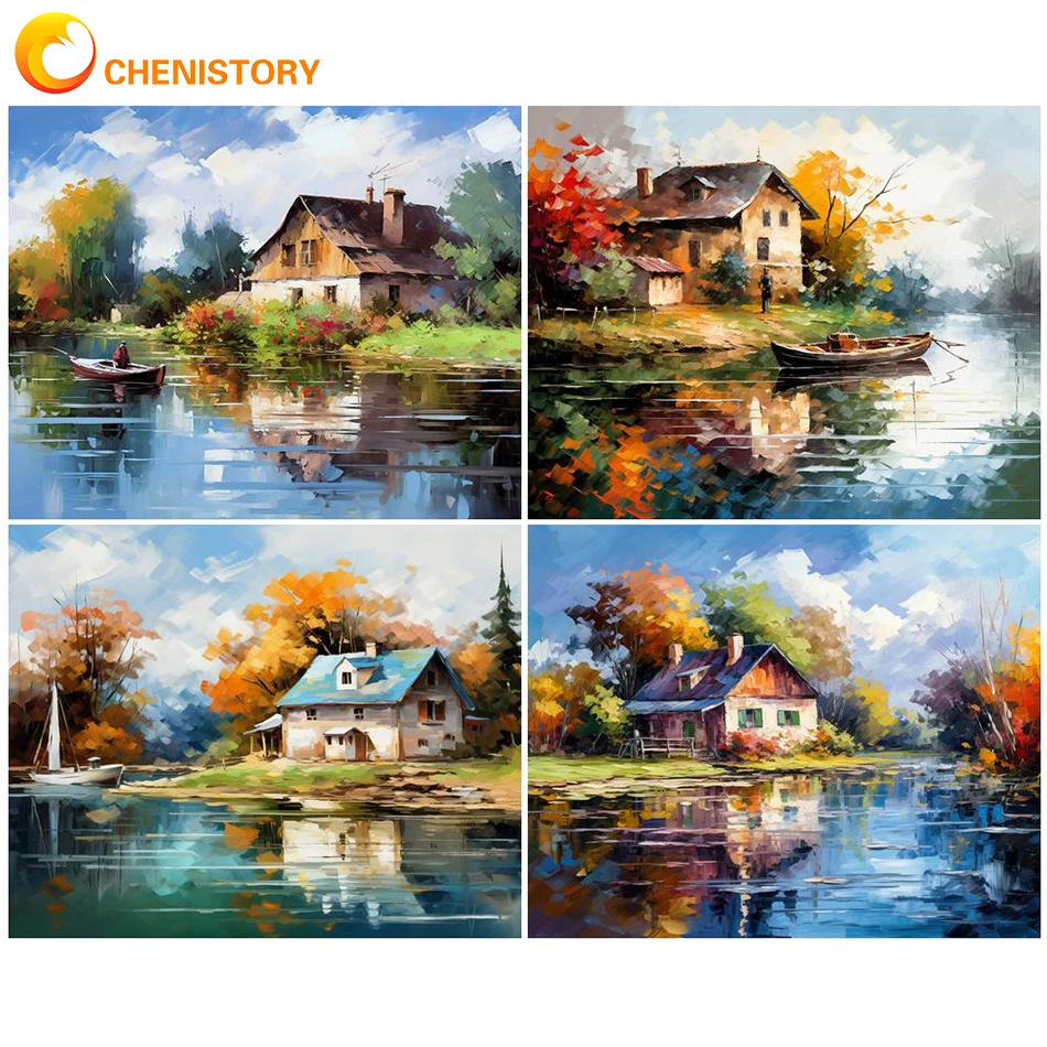 

CHENISTORY DIY Coloring By Number House River Landscape Pictures Canvas Gift HandPainted Paintings By Number Home Decor Wall Art