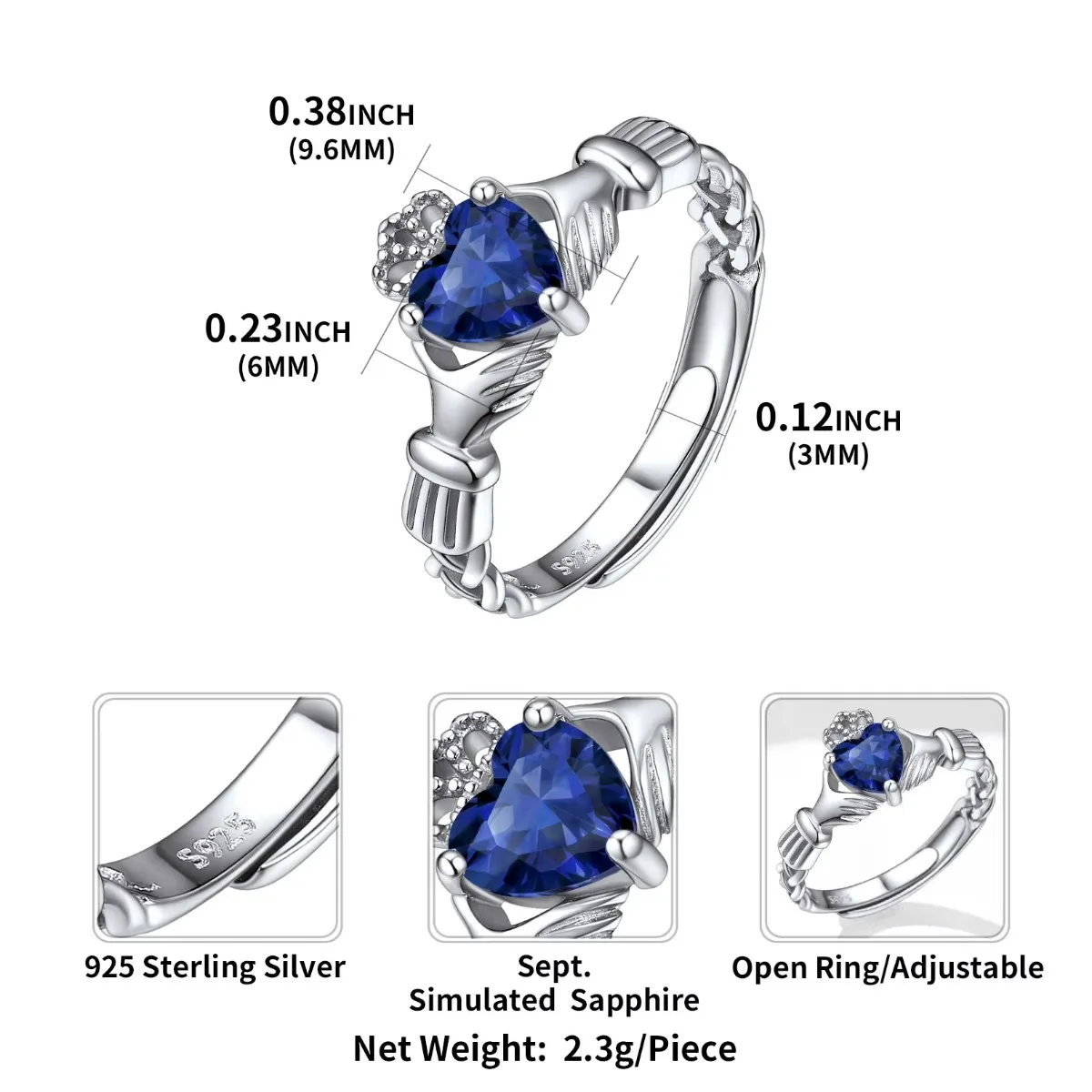 U7 3 mm 925 zilveren Claddagh-ringen hart geboortestenen 6 * 9, mm opaal verstelbare ring voor vrouw bruiloft verjaardag sieraden cadeau voor haar