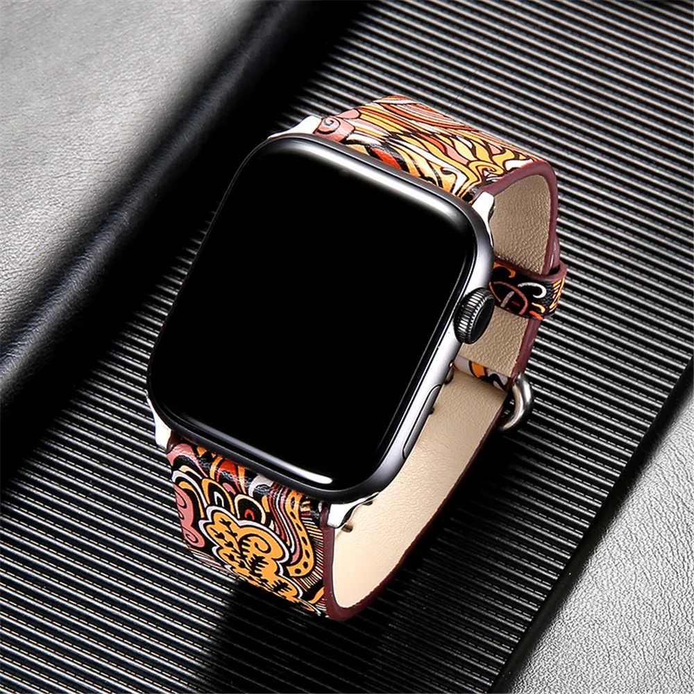 Genuine Leather Strap for Apple Watch Ultra 49mm 11 10 9 8 7 46mm 45mm 41mm Flower Print Bracelet Wristband for 6 5 4 SE 40/44mm