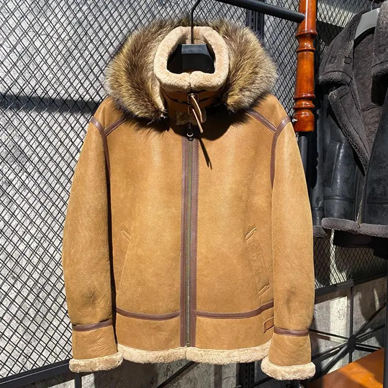 

New Fashion Men's Winter Coat Genuine Real Leather Sheepskin Shearling Jacket for Male Natural Fur Hooded Oversized 5XL 6XL 7XL