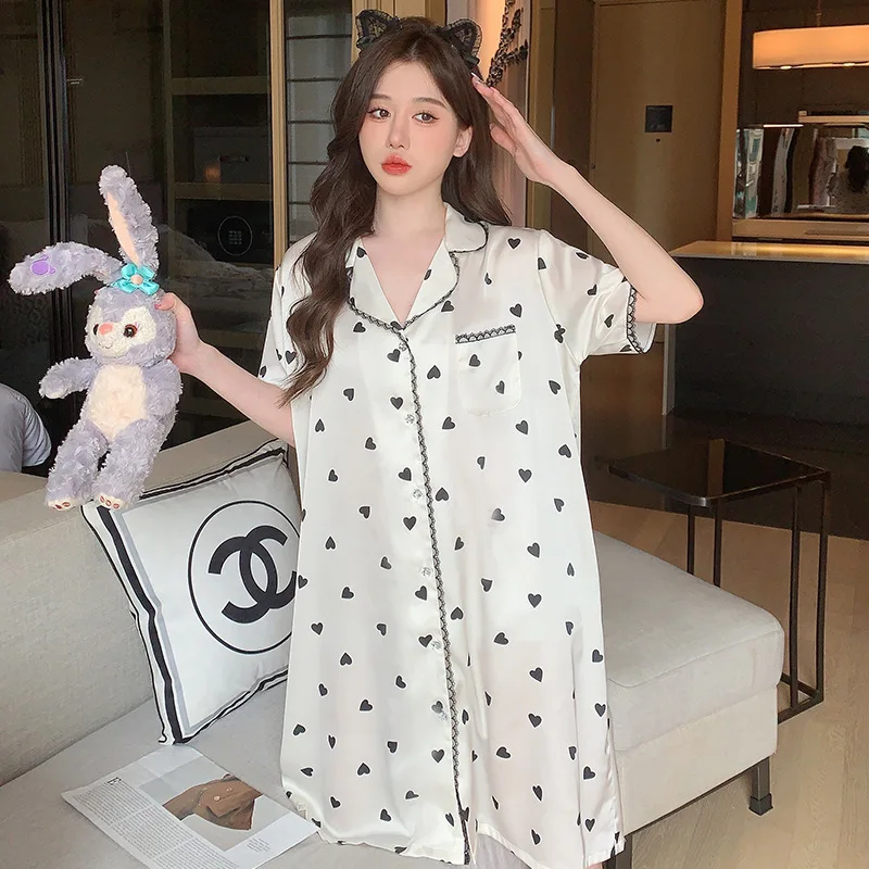 Korean Pajamas Dress Loungewear Sleepwear Silk Nightgown For Women Lapel Short Sleeve Sleepshirt Ladies Home Wear Nightie