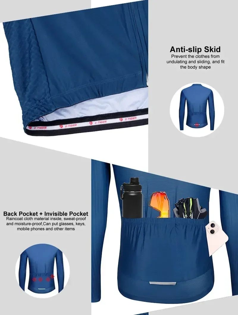 X-TIGER Herren-Radtrikot, langärmelig, durchgehender Reißverschluss, atmungsaktiv, schnelltrocknend, MTB-Rennrad-Oberteil mit Taschen, weich, leicht, elastisch – Detail 11