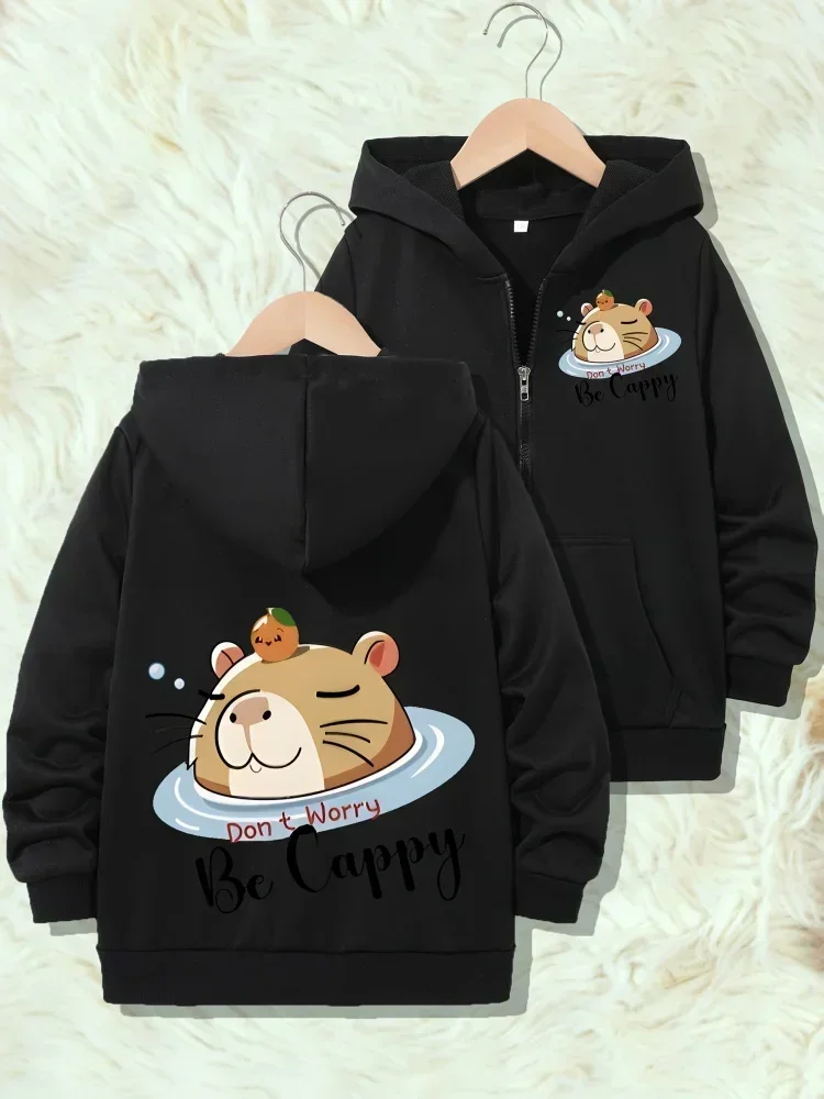 Kids Zip Up Hooded Jacket Cute Capybara Don t Worry Be Cappy Fruit Graphic Front Back Print Long Sleeve Pocket Casual Outer Coat