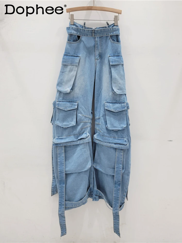 Street Trendy Multi-Pocket Decorative Overalls Women 2024 Spring Autumn New Waist Belt Ribbon Denim Pants Baggy Jeans Women