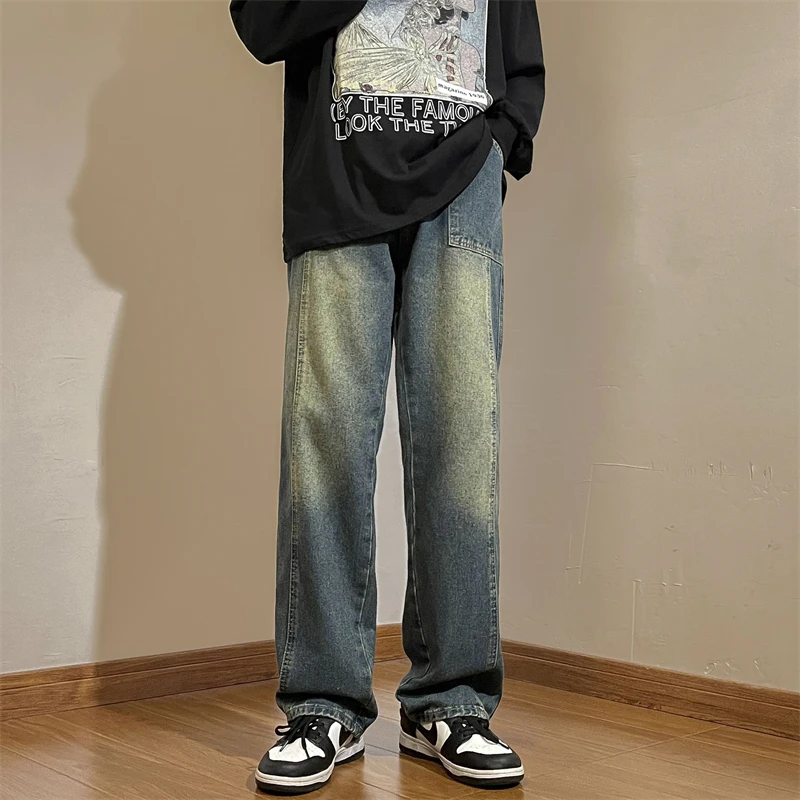 Waed خمر الرجال الجينز فضفاض بنطال ذو قصة أرجل واسعة الأمريكية Sle ربيع الخريف العصرية شارع العليا الطابق طول بناطيل كاجوال