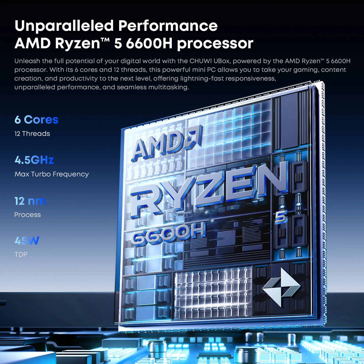 CHUWI UBox Mini-PC AMD R5-6600H 6 Kerne 12 Threads DDR5 16 GB 512 GB PCle 3.0 SSD Wi-Fi 6 & 1 G LAN 4,5 GHz Frequenz Desktop-Computer