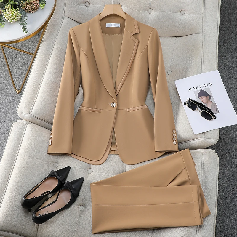 Fashion Blue Khaki Black Ladies Work Wear Blazer Pant Suit Women Female Formal Jacket and Trouser 2 Piece Set for Autumn Winter