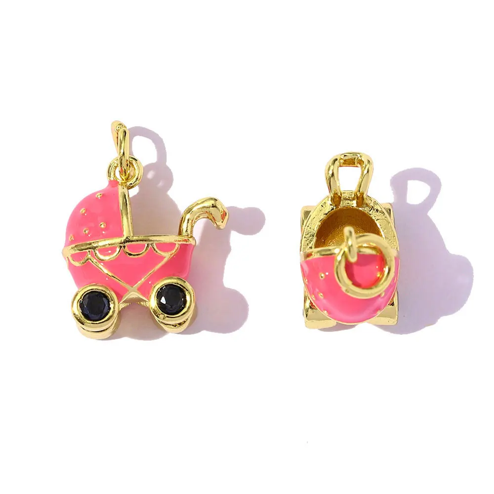 3Pcs/Lot Copper Heart Charms Enamel Baby Carriage Pendants For DIY Jewelry Making Necklace Earring Accessory Wholesale