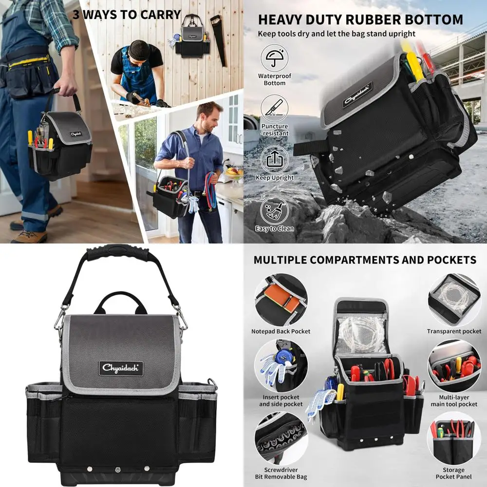 

Сумка для инструментов электрика на 30 карманов, сверхпрочная, с жестким дном и плечевым ремнем, для обслуживания систем ОВКВ, электрики и сантехники