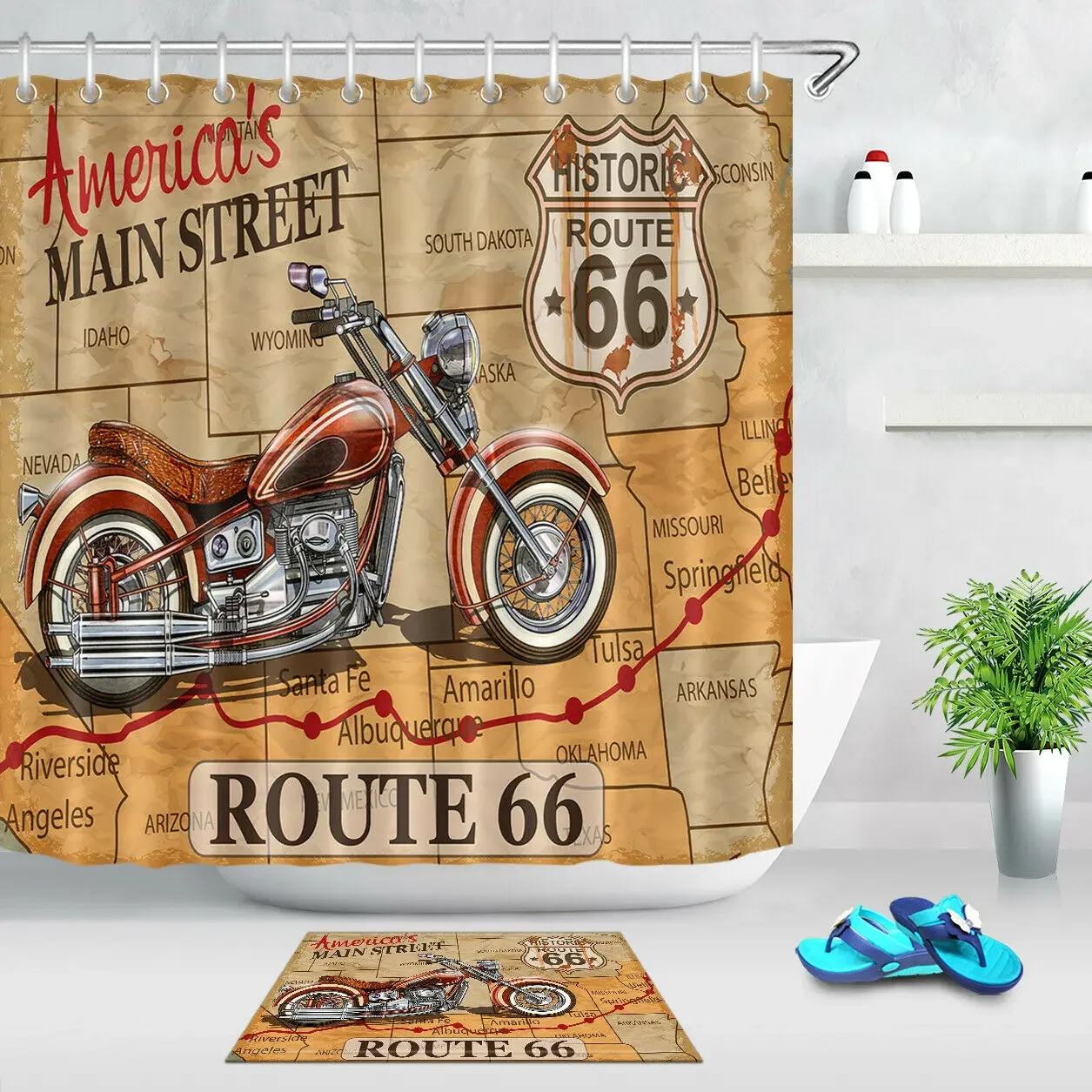 Waterproof Shower Curtain Set Vintage Route 66 Poster Bathroom Decor