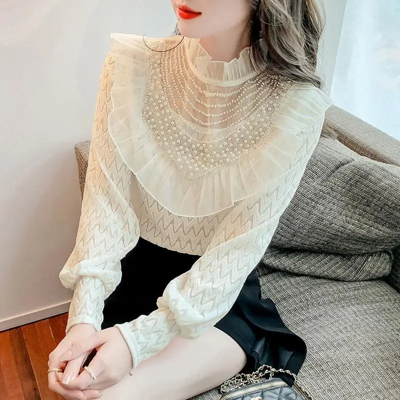 Autumn 2024 Women\'s New Splicing Stand Collar Embroidered Flares Lace Fashion Solid Color Minimalist Casual Long Sleeve Blouses