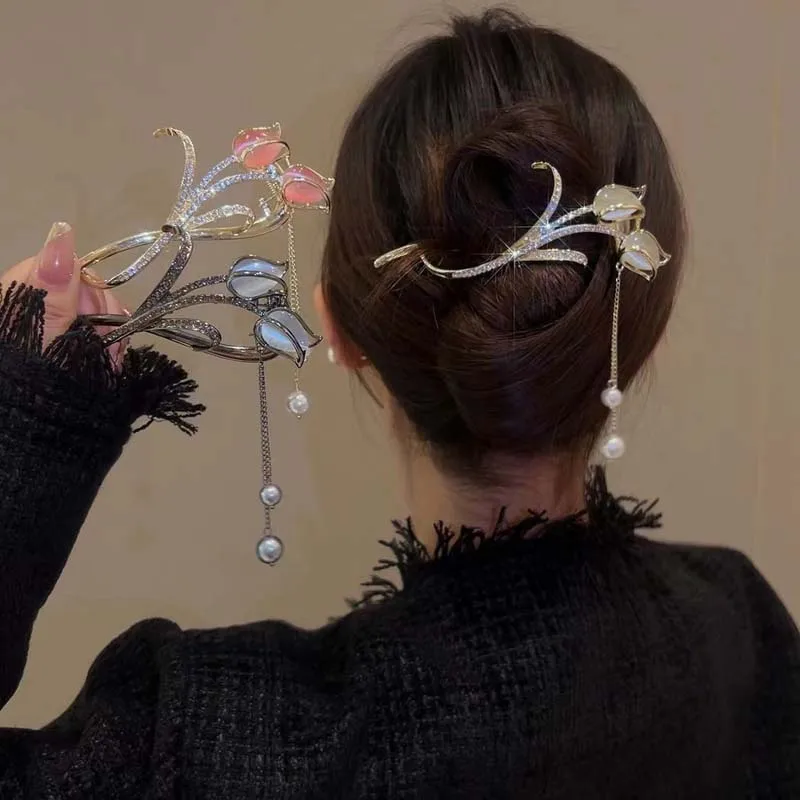 

Новый ретро тюльпан с кисточкой, витой зажим для женщин, модный элегантный опаловый камень, хвост, заколка для волос, одна линия, аксессуары для волос