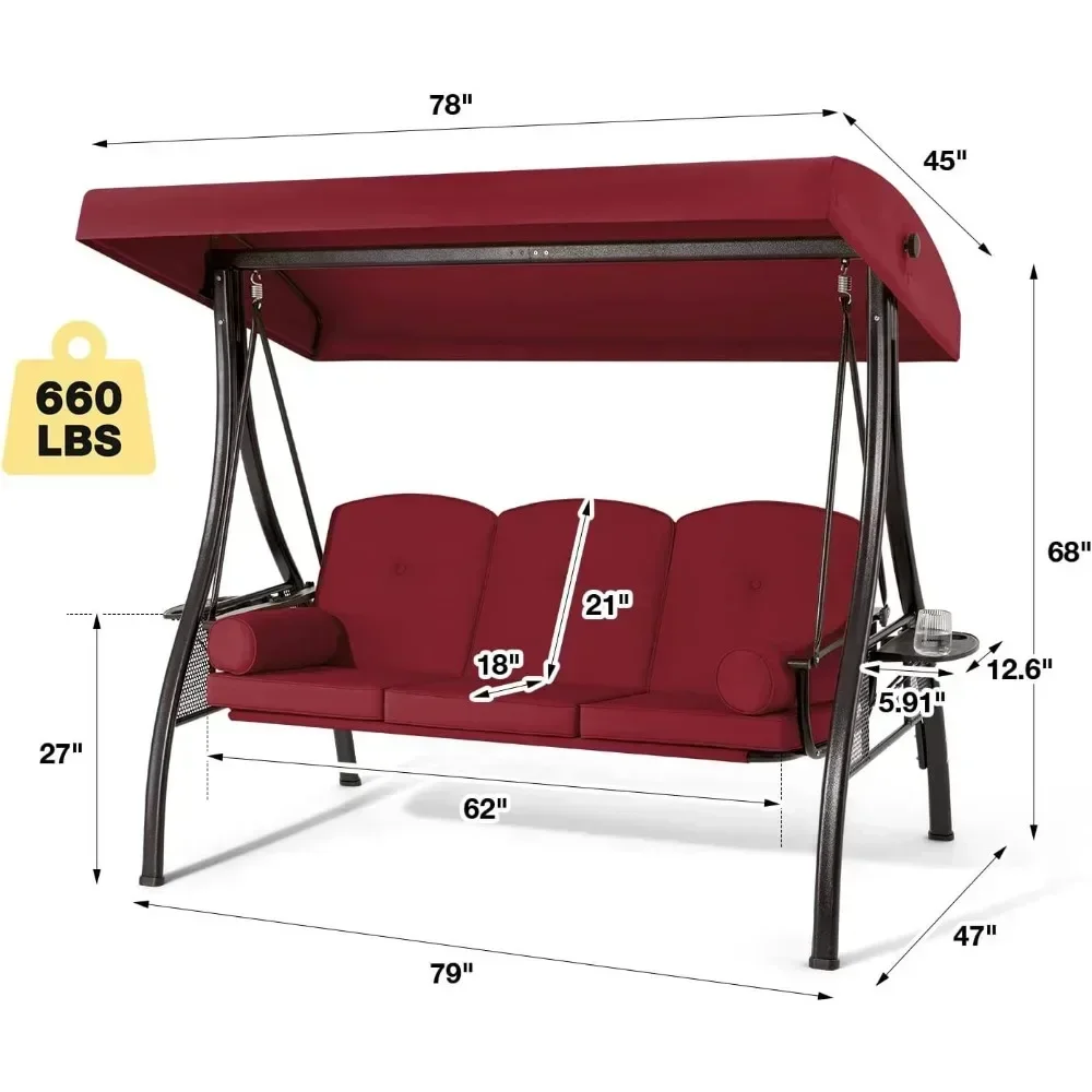 Balanço da varanda ao ar livre com dossel ajustável e encosto, Pátio Swing Chair, Weather Resistant Steel Frame, Vinho Tinto