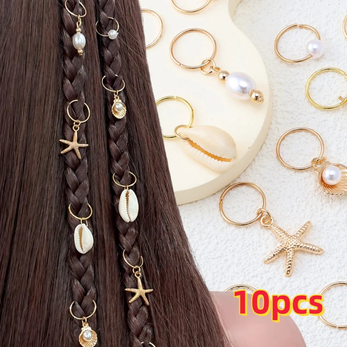 10 peças · Conjunto de acessórios de cabelo estilo praia boêmio. Anéis de cabelo com estrela-do-mar, concha e pérola. Acessórios de cabelo femininos estilo Y2K.
