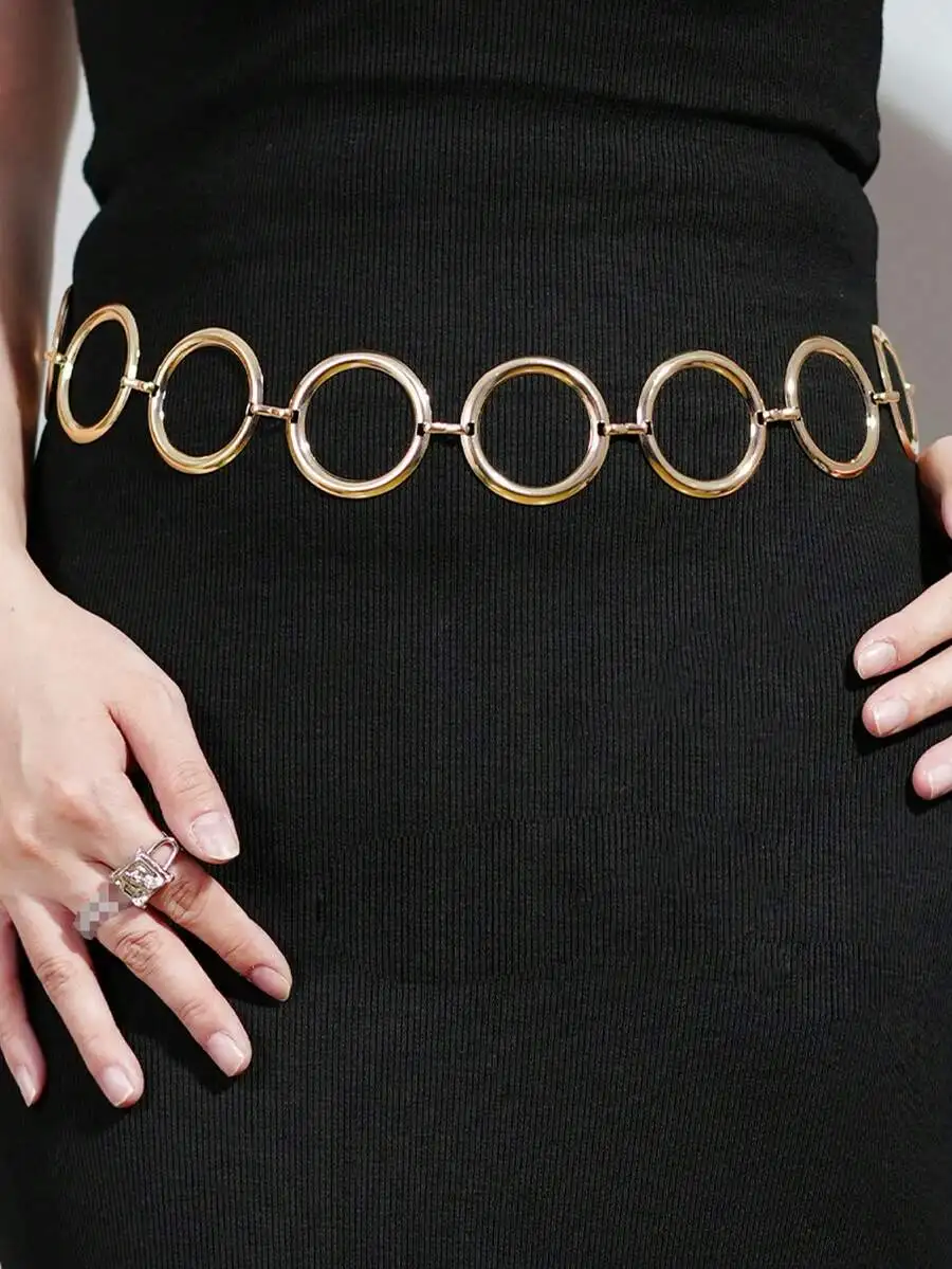 1pc Women's Shiny Metallic Gold Waist Chain, Versatile Retro Body Chain Waist Belt With Round Ring, Suitable For Daily Wear, Par view 5
