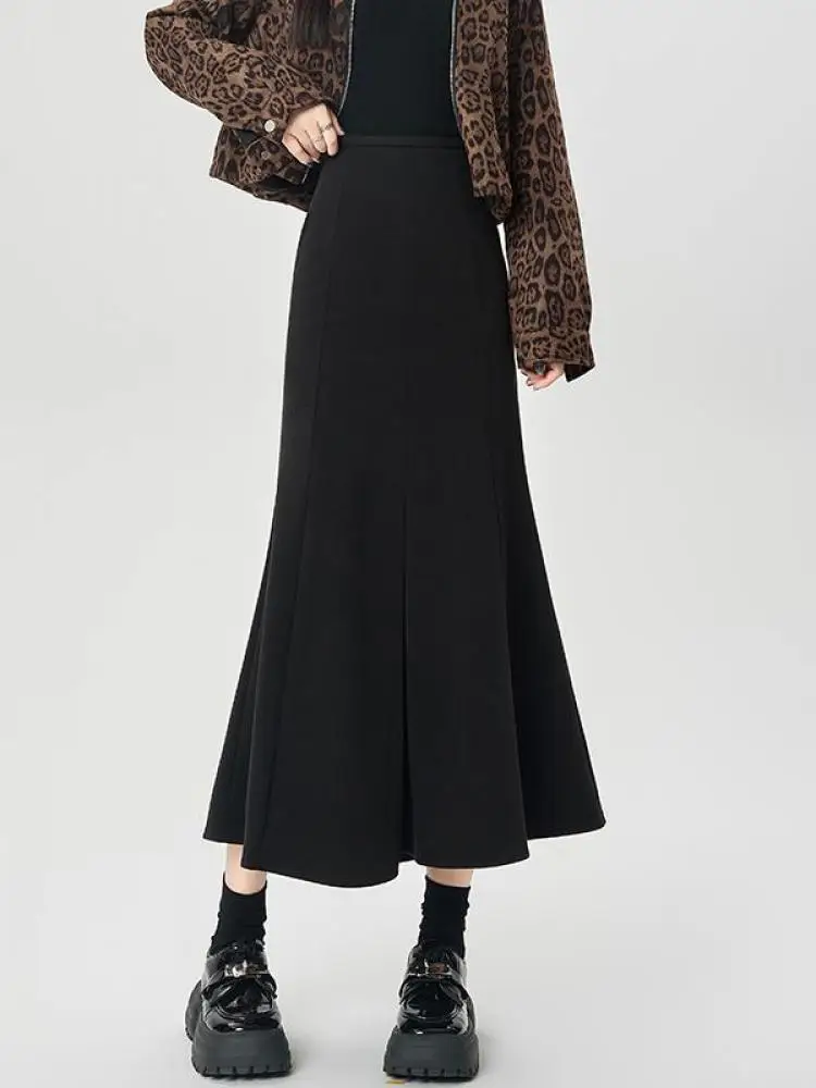 

Корейская женская однотонная элегантная шерстяная длинная юбка «рыбий хвост» в винтажном стиле с высокой талией, тонкие юбки трапециевидной формы с запахом, 2024, осень-зима, плотные