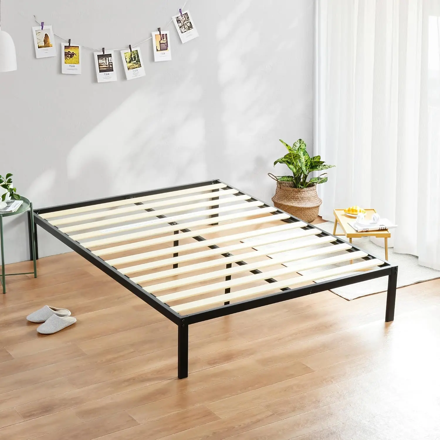 Modern Metal Platform Bed Frame, Wood Slat Anti-Slip Support, Headboard Compatible Steel Mattress Foundation, No Box Spring Need