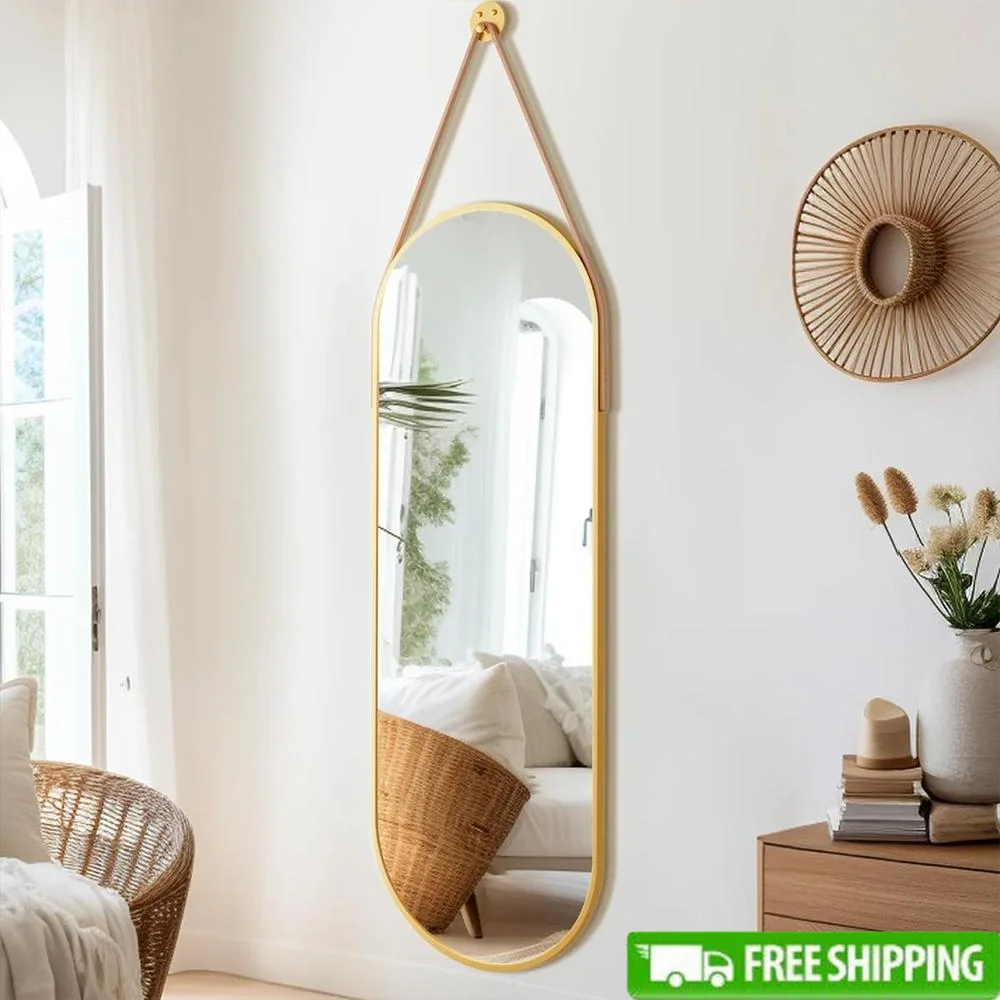 Oval Full Length Mirror Hanging Mirror with Leather Strap Aluminum Frame Wall Mounted Shatterproof Glass Living Room Bedroom