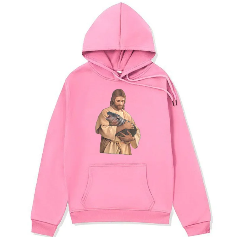 Jesus Moo Deng Hoodie Jesus Loves Moo Deng Bouncy Cute Baby Hippo Meme Sweatshirt Men Women Oversized Streetwear Fleece Pullover