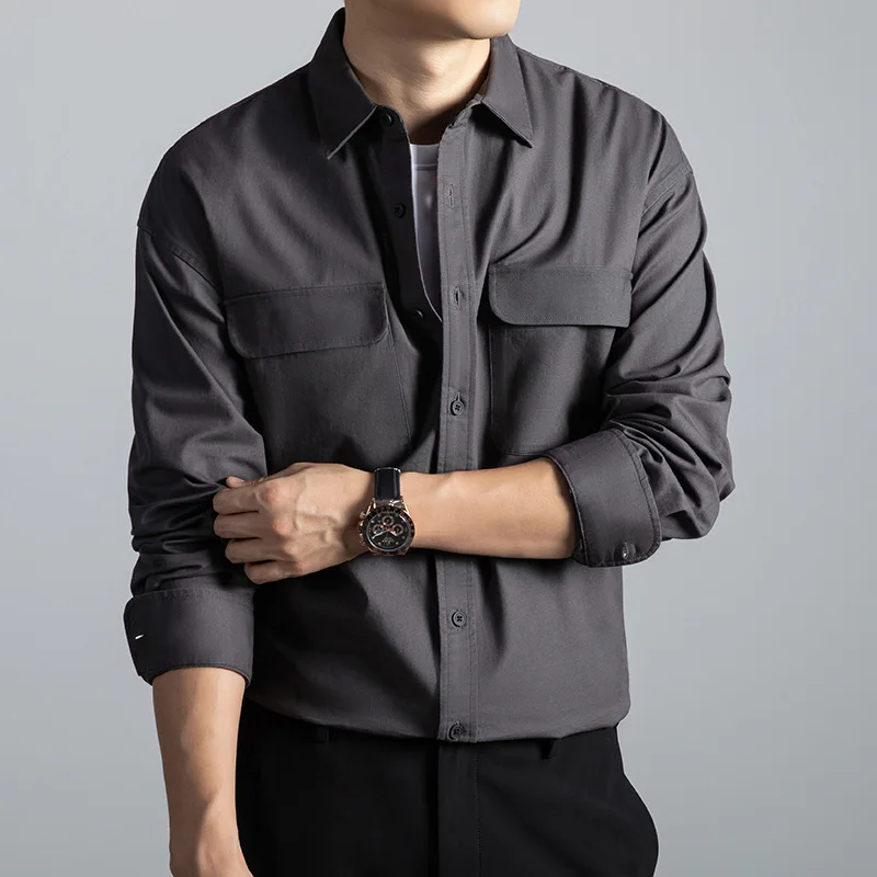 

100% Cotton Shirt Long-sleeved Men's Spring 2026 New Fashion Casual Double Pocket Business Men's Shirt