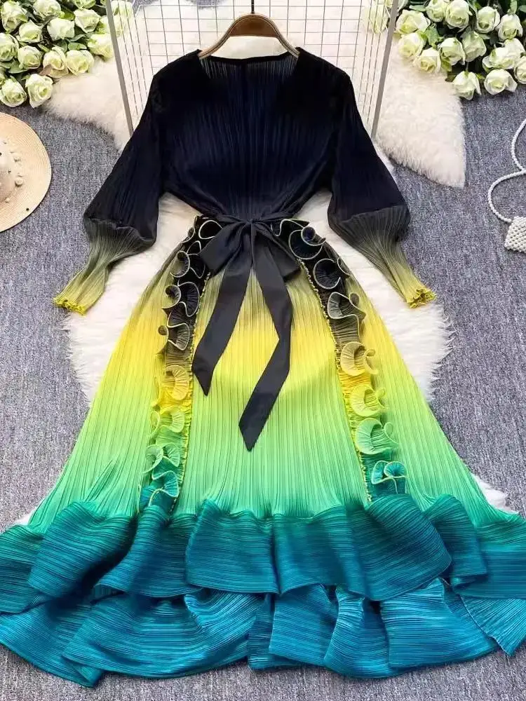 Feminino decote em v alta estiramento rendas até cinto boho vestidos de luxo miyake 3d babados emenda cor gradiente plissado robe roupas de festa