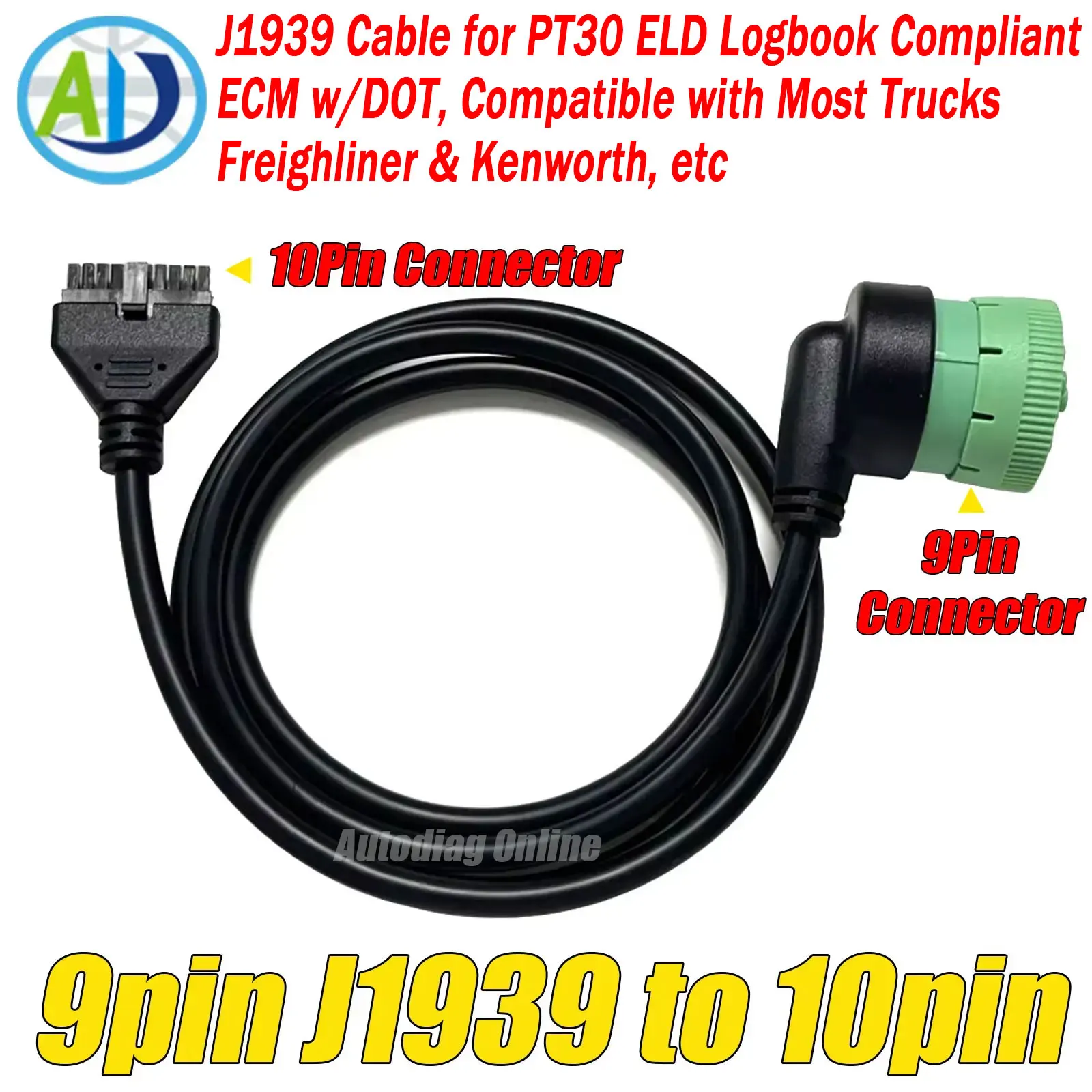 

J1939 9-контактный на 10-контактный диагностический адаптер для грузовиков PT30 ELD, совместимый с логической книгой ECM с точками J1939 для грузовиков Freighliner Kenworth