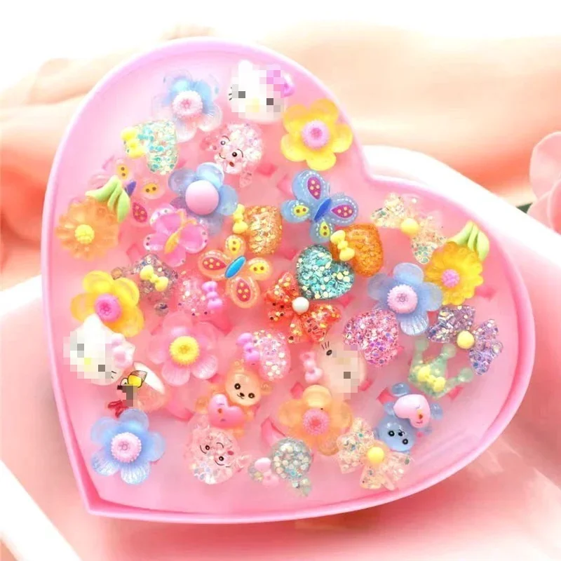 36 pezzi/scatola per bambini, animali dei cartoni animati, anelli con gemme, gioielli colorati, anelli in lega regolabili per ragazze e ragazzi