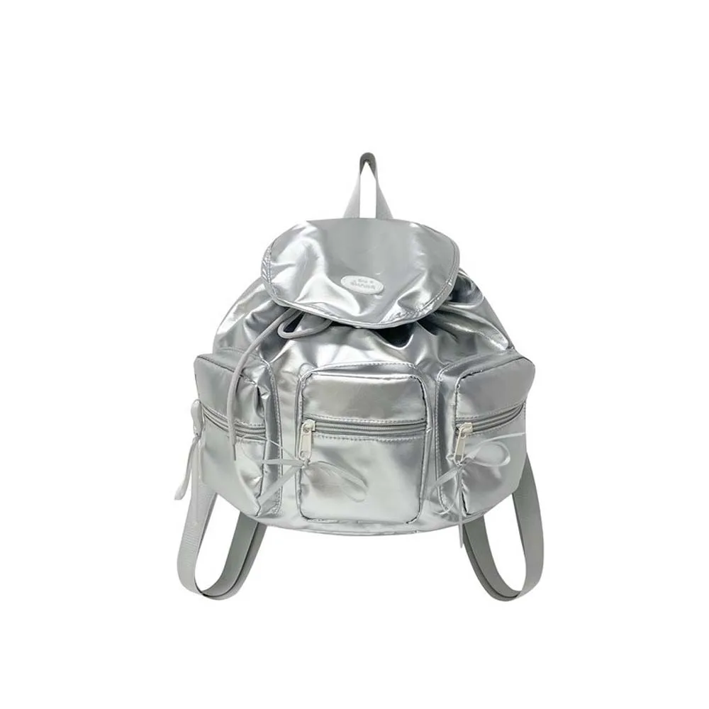 

Милый корейский рюкзак на шнурке, большой вместительный женский рюкзак с бантом, повседневная школьная сумка с защитой от брызг воды, серебряный рюкзак из искусственной кожи для студентов