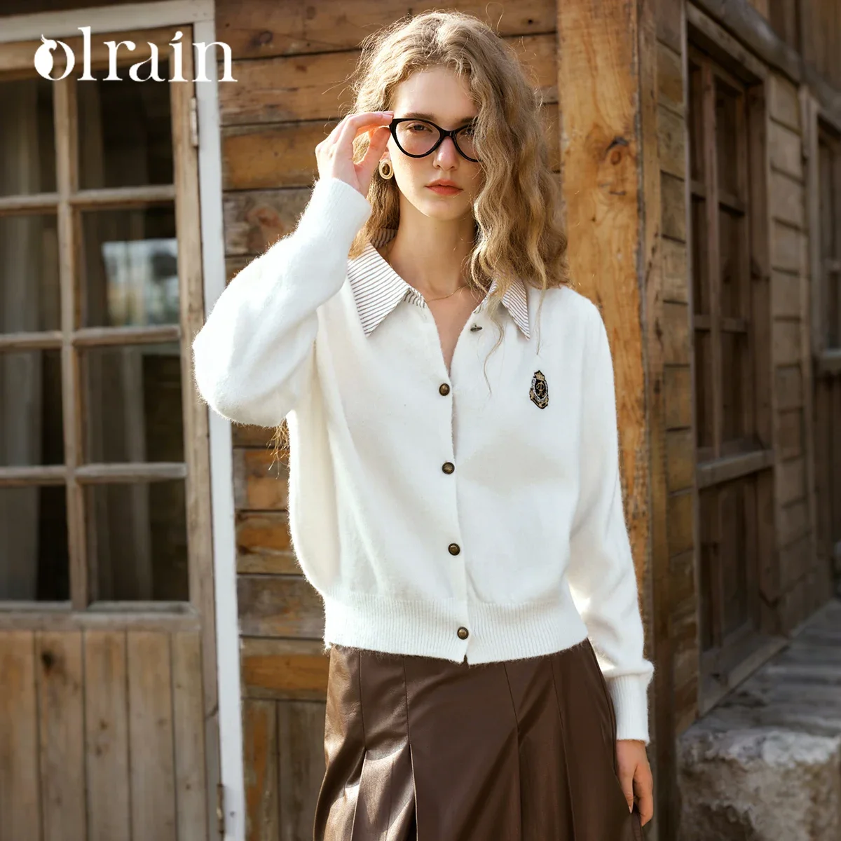 OLrain Women 2026 Autumn Knit Cardigan White Preppy Style Chic Cozy Fashion Daily Commute Knitwear All Match Tops N56QM68826