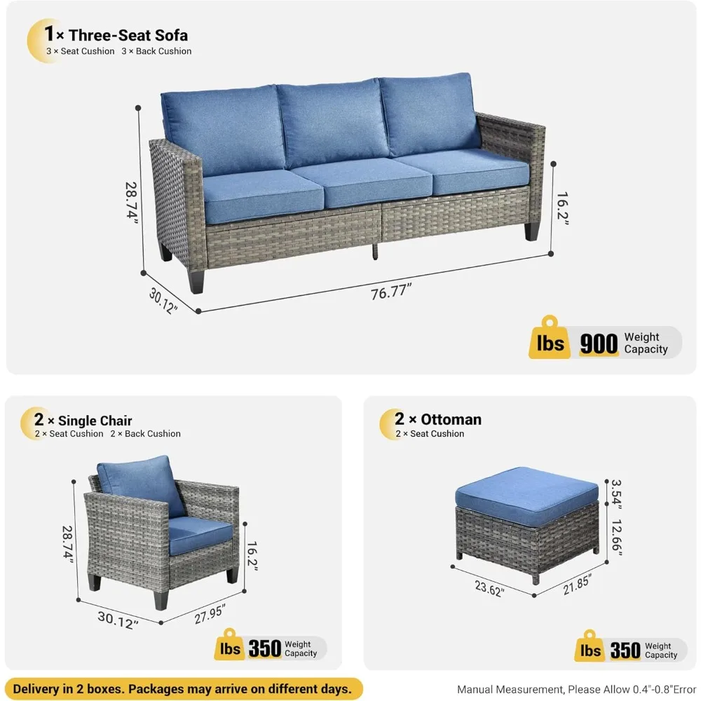 Patio Furniture Set, 5 Pieces Outdoor Wicker Sofa Couch with Chairs, Comfy Cushions, All Weather High Back Rattan