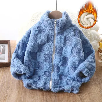 Kids Plaid Fleece Jacket 4 Kids Winter Thick Warm Coats Boys Girls Stand Collar Zipper Jackets Baby Fleece Outerwear Children Daily Casual Cardigans 4