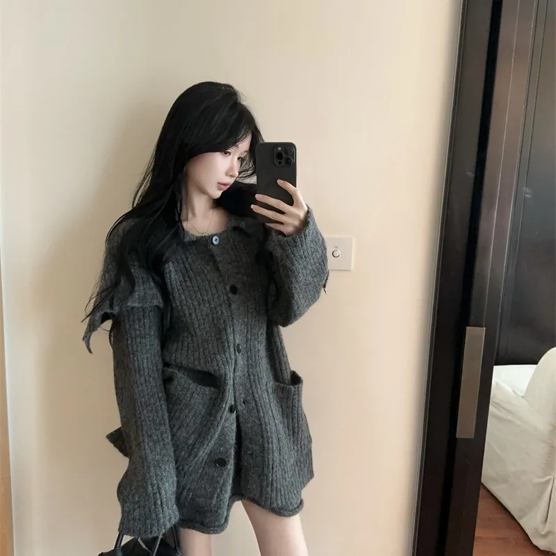 

Laid-ba свитер с большим воротником, кардиган Long Sve, вязаный женский осенне-зимний новый Sle, повседневный удобный модный дизайн