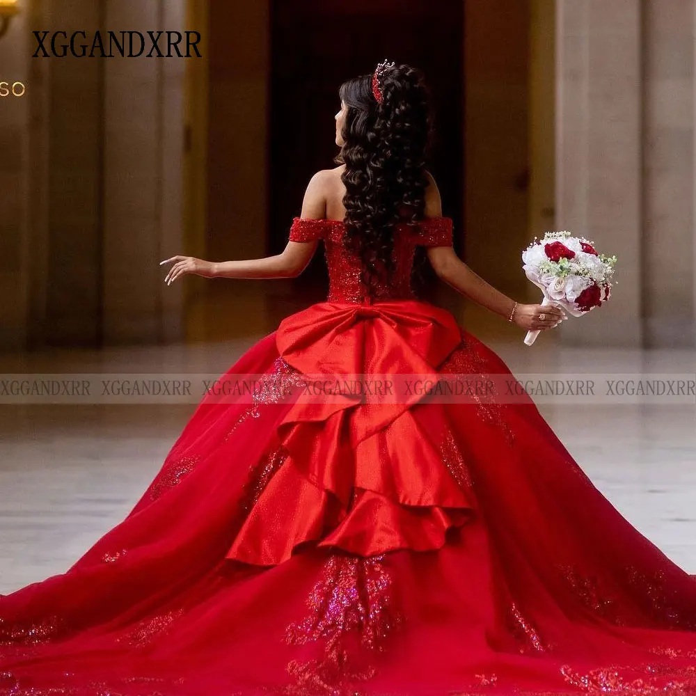 Vestido De quinceañera De tren largo De princesa roja, vestido De baile con hombros descubiertos, corsé, desfile, dulce 15, fiesta, Años XV, 2024