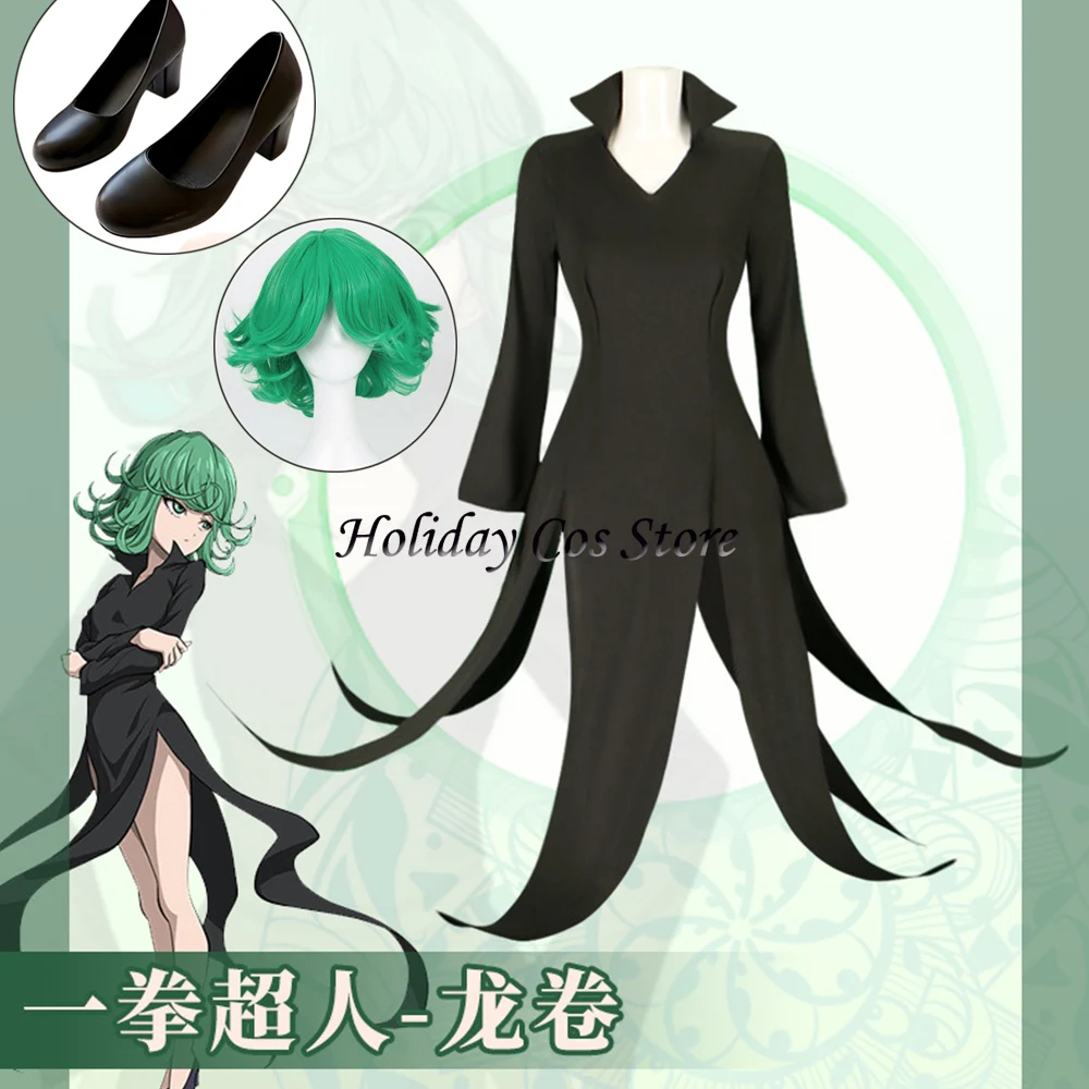 Tornado de Terror Senritsu No Tatsumaki, disfraz de Cosplay, peluca One Punch Man, vestido negro, fiesta de Halloween para mujer y niña