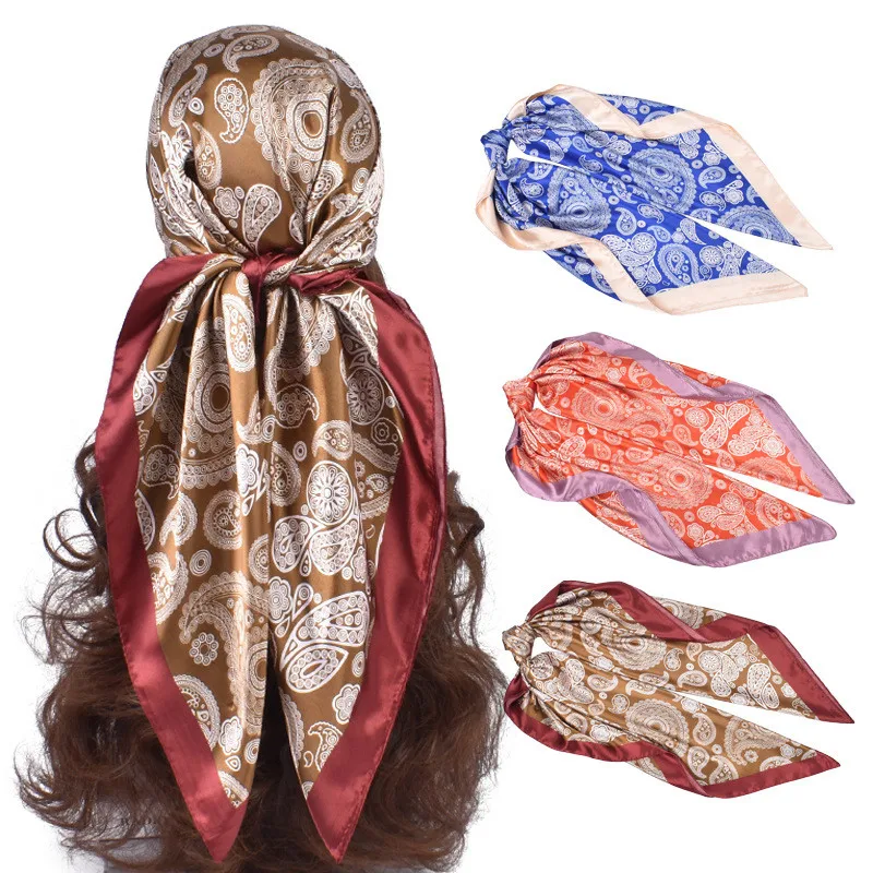 

90*90cm Luxury Design Paisley Silk Satin Hair Scarf Women Kerchief Printed Female Square Bandana Neck Hijab Lady Shawls Scarves