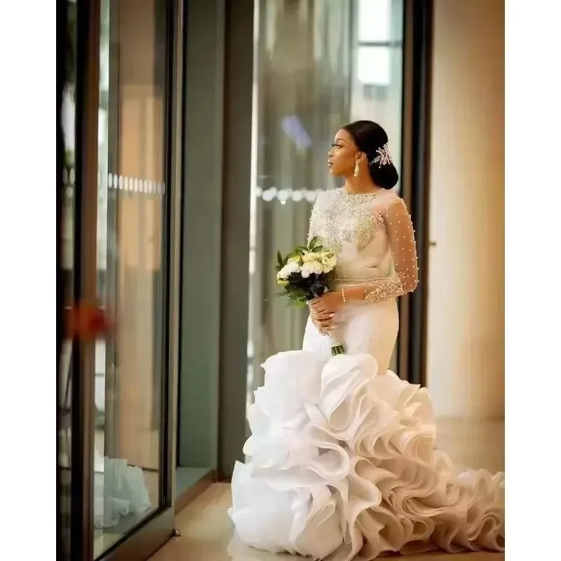 تخصيص حورية البحر الكشكشة فساتين الزفاف ثوب العروس 3/4 الأكمام الطويلة الدانتيل زين مطرز المتدرج تنورة الأورجانزا مخصص Af