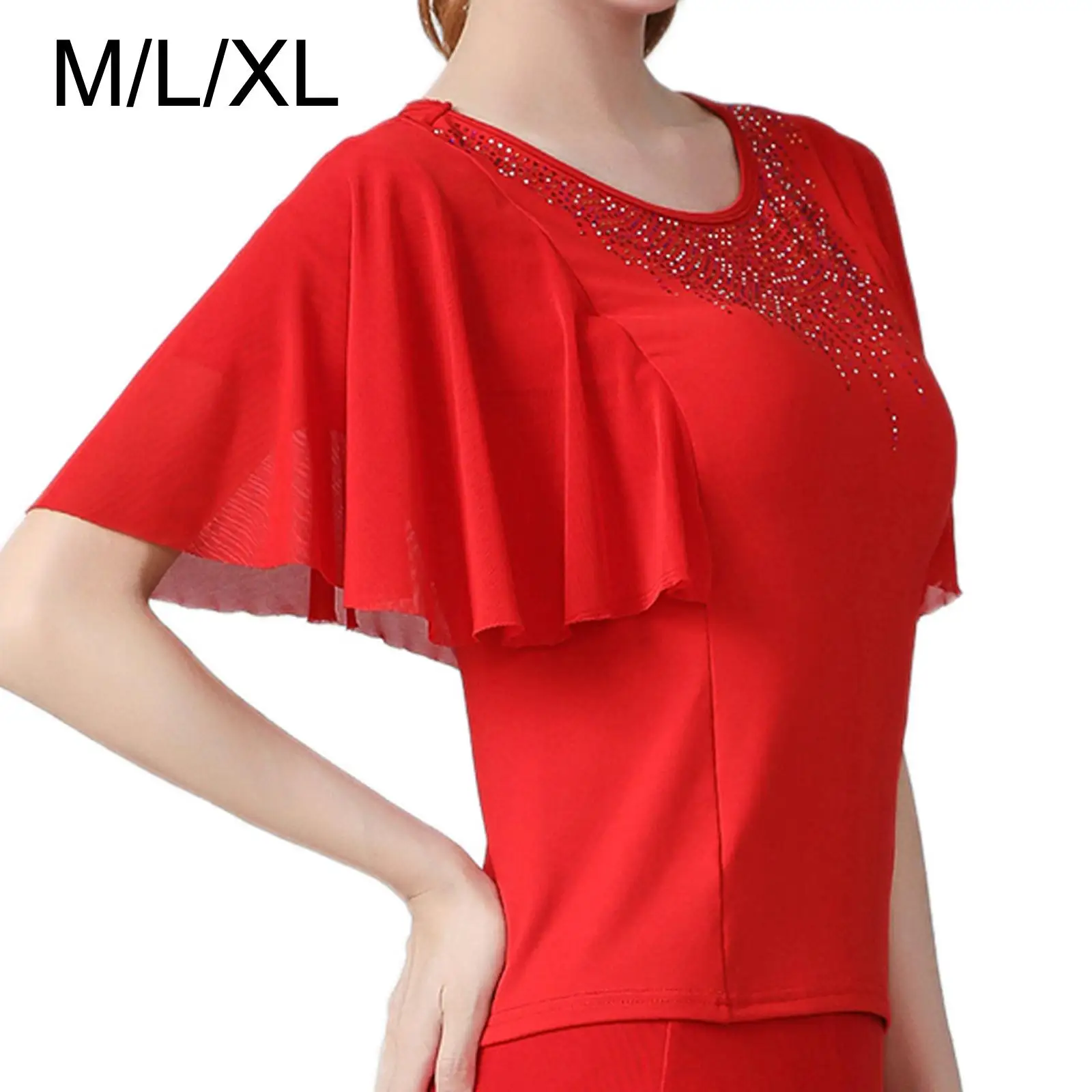 Top de baile de salón para mujer, Blusa de manga corta con mangas de campana, escote de diamantes de imitación para Rumba, Tango, Cha, vals Latino