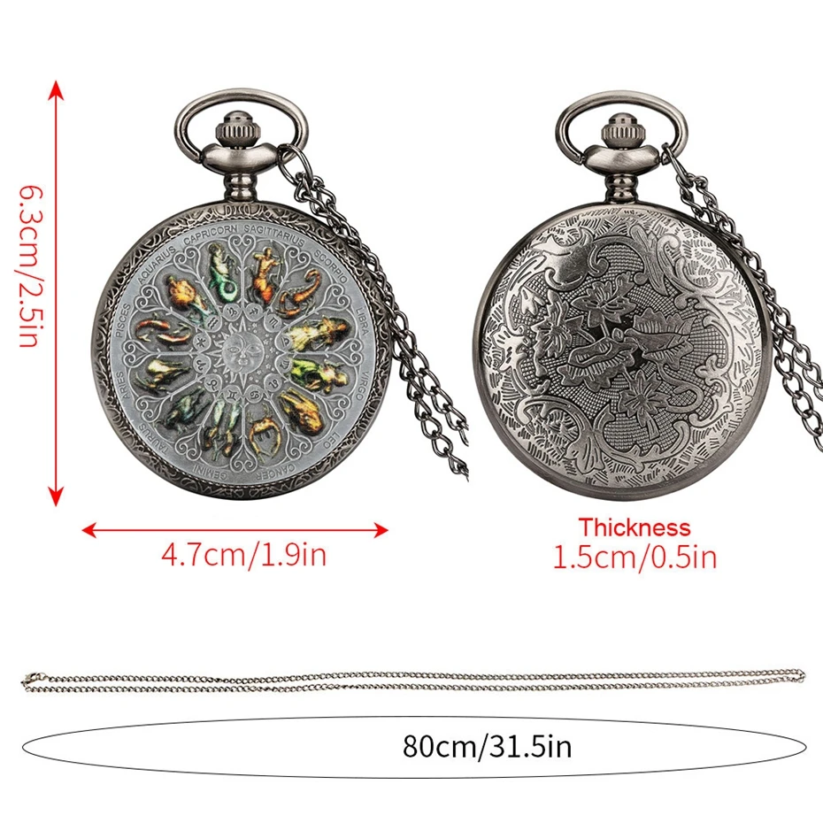 Retro Grijs 12 Sterrenbeelden Astrologie Patroon Quartz Zakhorloge Ketting Ketting Verjaardag Geschenken Hanger Horloge Voor Vriend Unisex