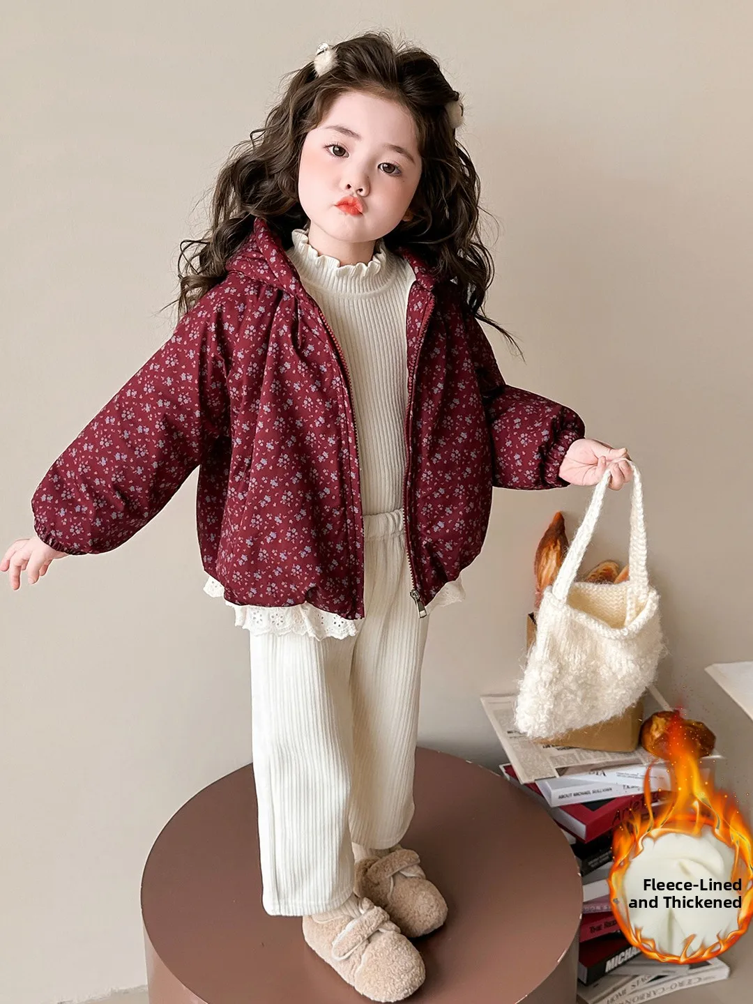 

Girls Fce Lined Hooded Jaet Thi Warm Lace Trim Cotton Coat Trendy Autumn Winter New Arrival for Little Girls