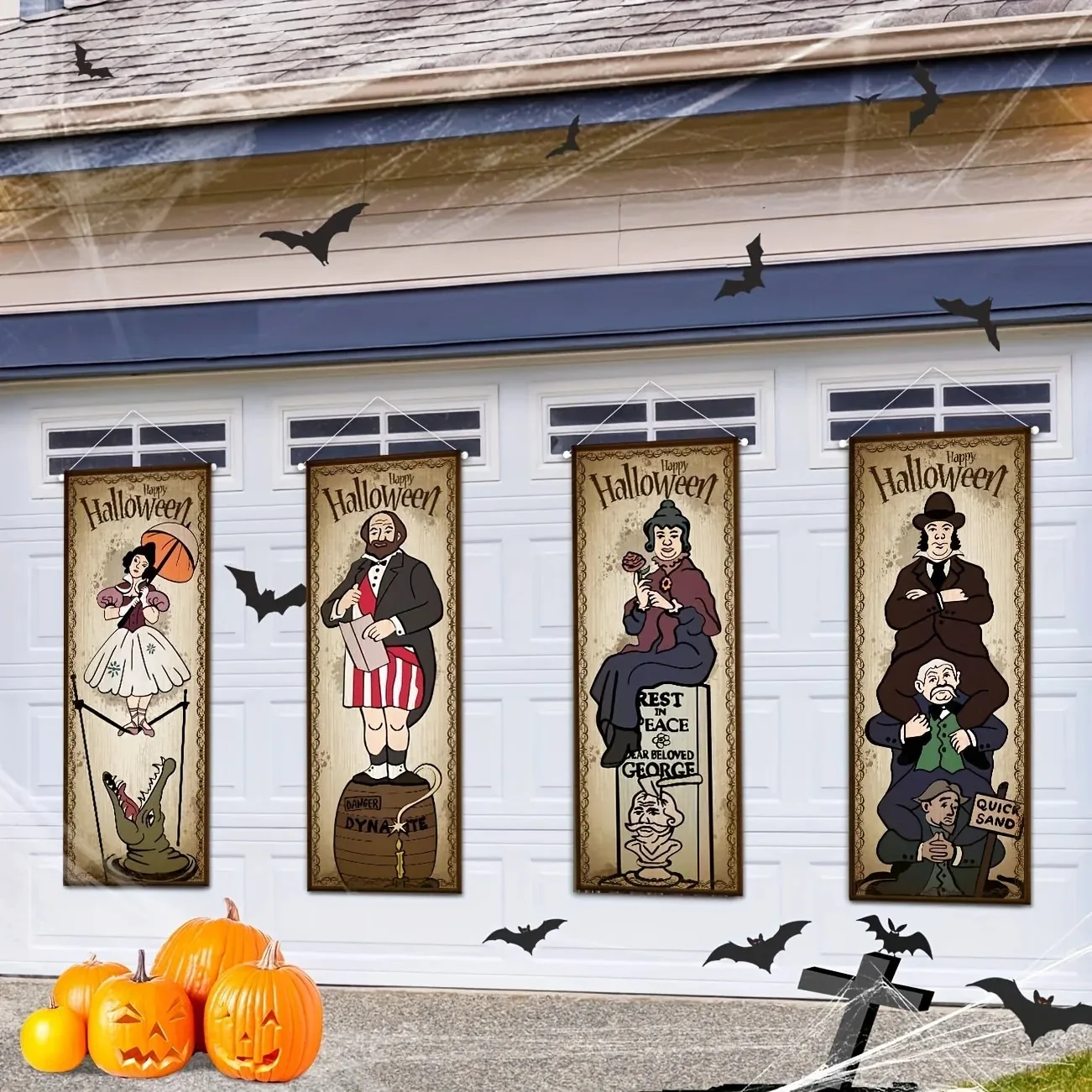 Vintage Haunted Mansion Halloween Vertikales Banner-Set Retro Cartoon-Geister-Charakter Wandbehang-Schild für Indoor-Party-Dekoration – Detail 1