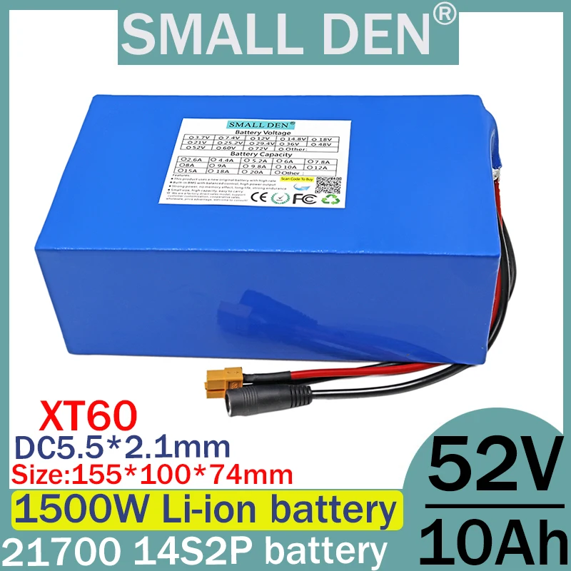 New 52V 10ah 21700 Lithium Battery Pack 14S2P Motorcycle Built in BMS 1500W High Power Rechargeable Battery Bicycle Scooter