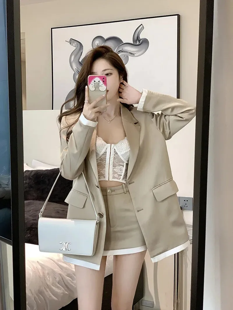 Two-Piece Suit for Women, Single-Breasted Top, Short Skirt for Office Ladies, Elegant Temperament, Korean Fashion Style, Fall