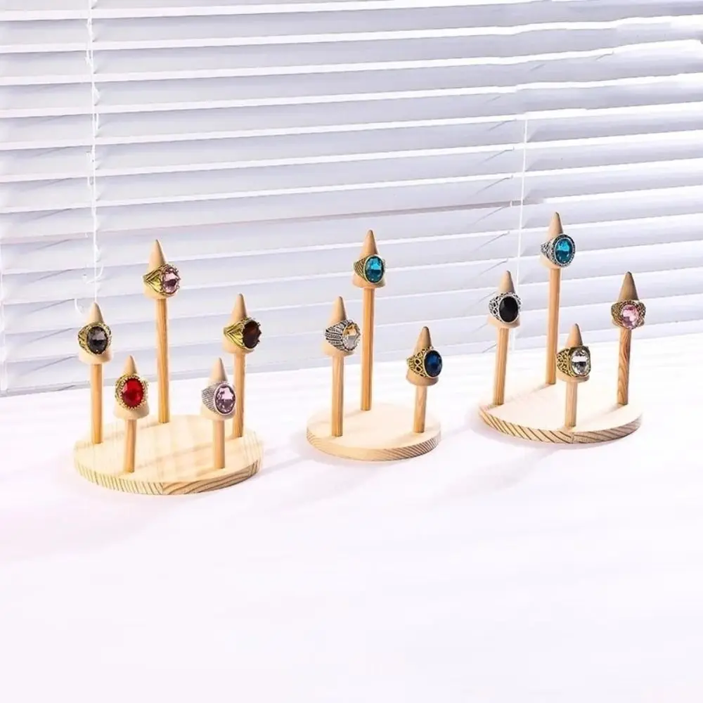 Solid Wood Material Ring Display Stand Smooth Polished Conical Shape Finger Ring Holder Multi Slots Design Ring Display Prop