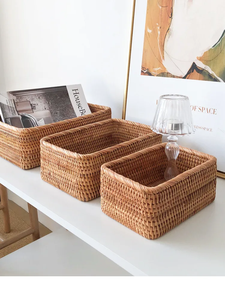 Hand-woven Rattan Wicker Basket Square Handmade Rattan Storage Basket Household Food Cosmetic Storage Box for Cake Snack Drink